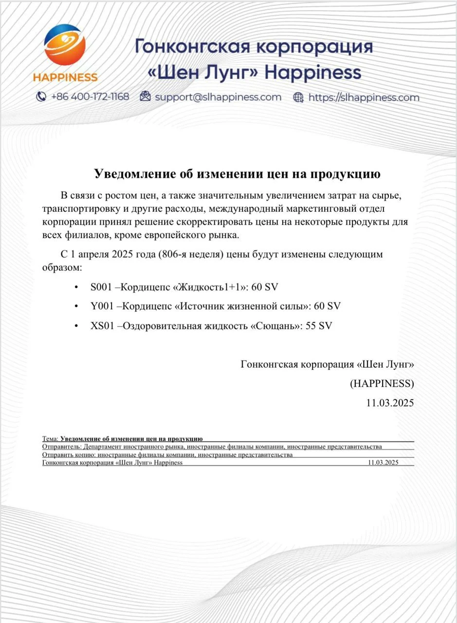 Коррекция цен на некоторые продукты с 1 апреля 2025 года